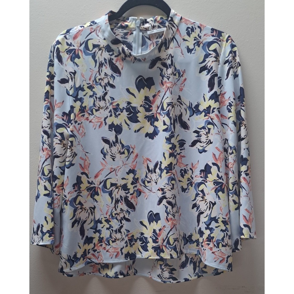 Halogen Womens Blue Floral Mock Neck Long Sleeve Blouse, Back Zip Size M